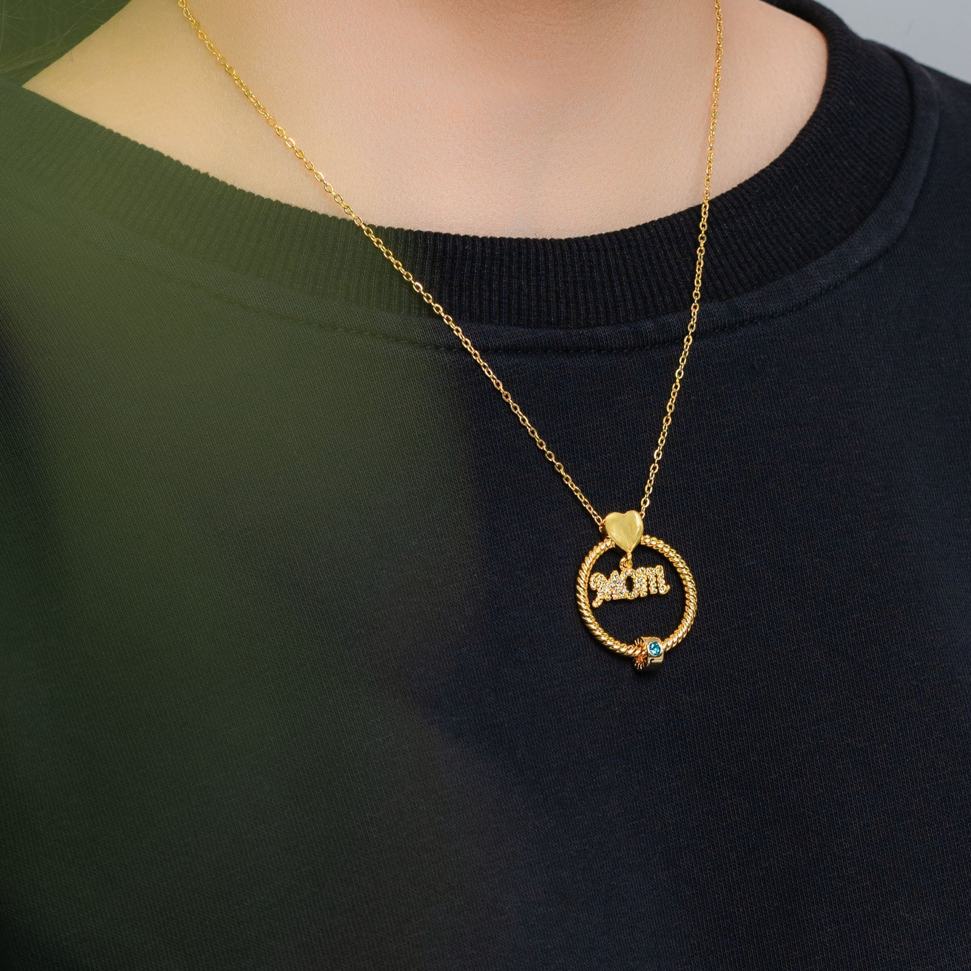 Personalized Circle Pendant Necklace with Engraved Names & Birthstone Beads