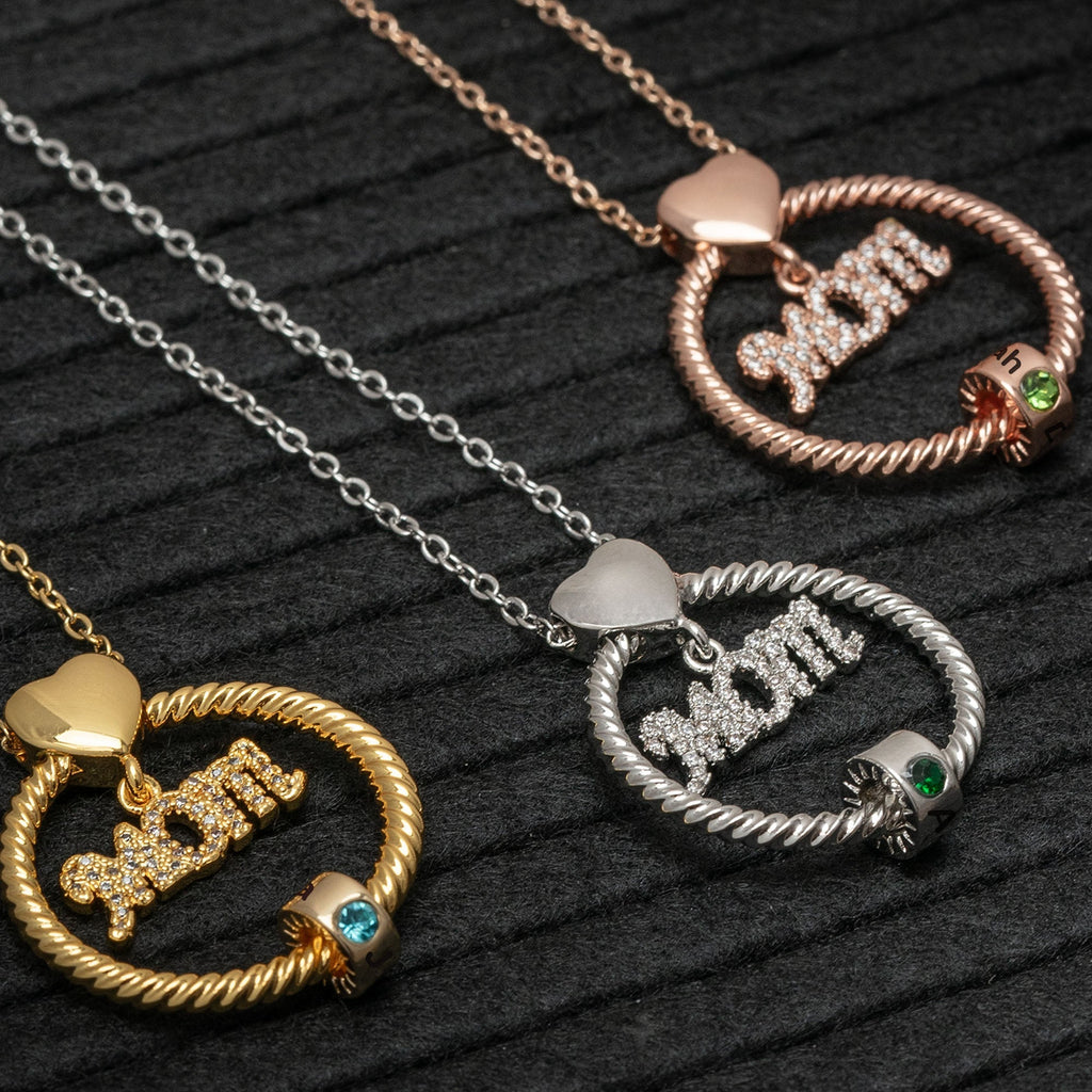 Personalized Circle Pendant Necklace with Engraved Names & Birthstone Beads