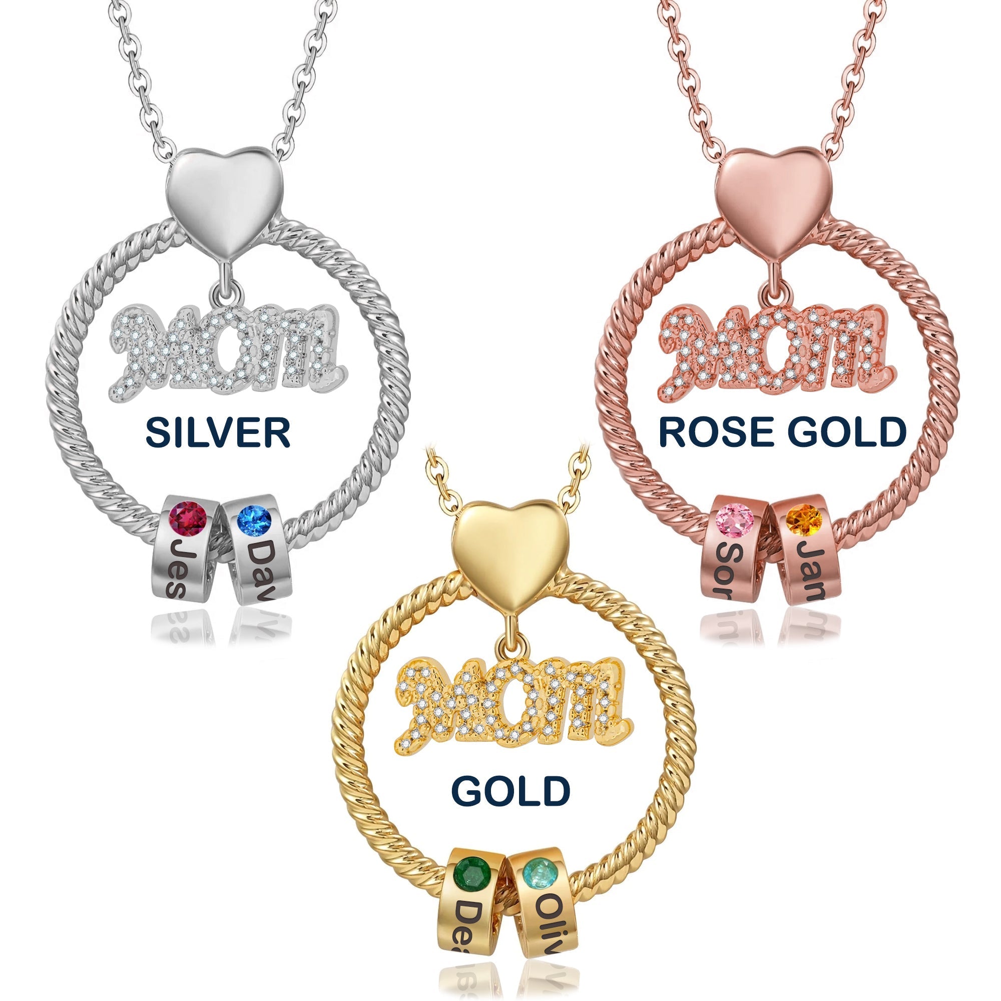 Personalized Circle Pendant Necklace with Engraved Names & Birthstone Beads