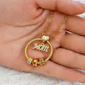 Personalized Circle Pendant Necklace with Engraved Names & Birthstone Beads